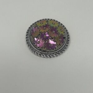 Vintage Western Germany Scarf Clip Iridescent Pink 3-D Metal Flowers Rope Border